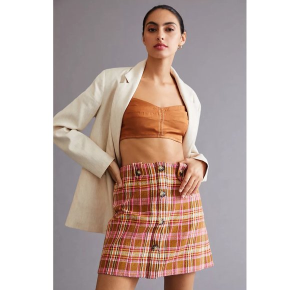 Anthropologie Maeve Button-Front Mini Skirt Pink Plaid - Medium - Picture 11 of 12